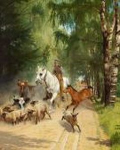 A Horseman With Sheep, Cows And Foal by Adolf Henrik Mackeprang