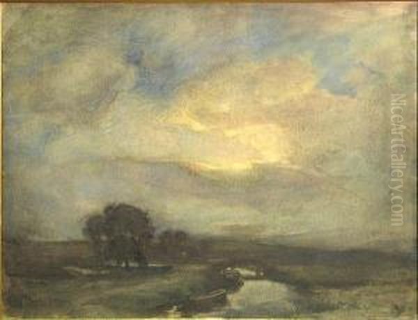 A River Landscape With A Boat Moored Along The Bank - view 1