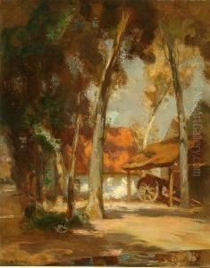 A Sunlit Farmyard With A Figure At Rest Under Trees