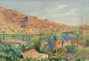 Orihuelia From A Distance A 
Southwestern View Of A Village With Palm Trees In Foreground And Distant
 Mountains.