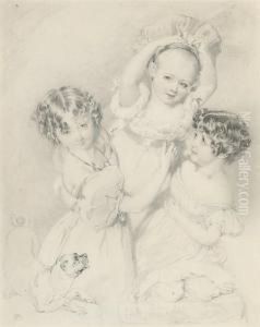 Three Children Playing With A Pug Three Children Playing With A Pug