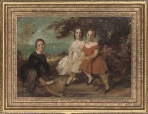 A Group Portrait Of Three Children, Small Full-length, Seated In A Landscape by Daniel Maclise