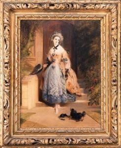 Portrait Of Louisa Jane, 
Marchioness Of Abercorn, Smallfull-length, In In An Elaborately 
Embroidered Yellow And Bluedress, At The Entrance To A House, With A 
Spaniel