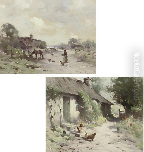 Chickens In A Farmyard; And Figures And A Horse Before A Cottage - view 1