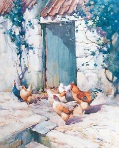 A Cockerel With Hens In A Farmyard by Robert Russell Macnee