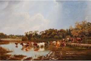 An Extensive Rural Landscape With Cattle At Water by John MacPherson
