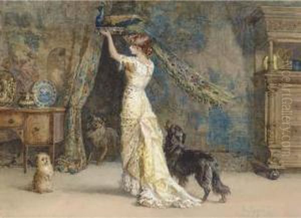 A Lady Standing In An Interior, Holding A Peacock, With Two Dogs At Her Side - view 1