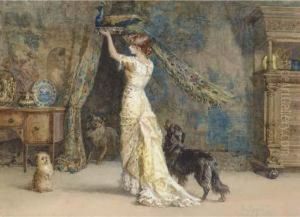 A Lady Standing In An Interior, Holding A Peacock, With Two Dogs At Her Side