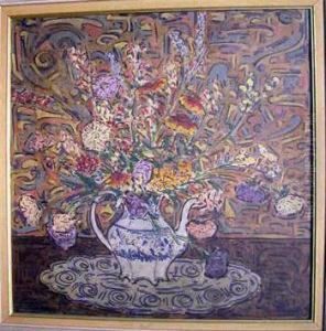 Bouquet Of Flowers In A Blue And White Teapot