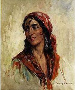 Portrait Eines Zigeunermadchens Mit Rotem Tuch Und Grossen Ohrringen by Jacques, Jakob Madiol