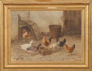 Court With Dog, Ducks And Chickens by Andreas Peter Madsen