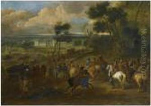 An Extensive Wooded Landscape
With King Louis Xiv And Hiscompany Returning From The Hunt, A View Of
The Palace Of Versaillesbeyond by Dirck Maas