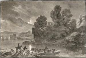 A Moonlit River Landscape, With Travellers And Their Packhorses Embarking On A Barge by Dirck Maas