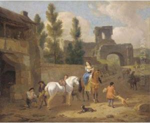 An Italianate Landscape With Elegant Figures Outside A Blackmith's Forge