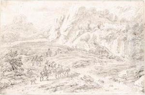 Mountainous Italianate Landscape With Merchants And Other Travellers By A Stream