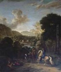 A Hawking Party In A Wooded Landscape With A Villa By A Lake Beyond