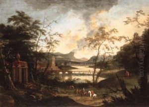 An Extensive River Landscape With A Hunting Party On A Track