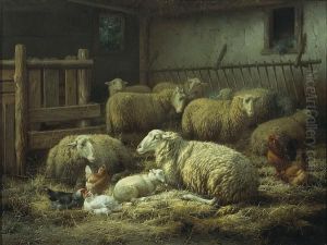 Sheep And Chickens In A Barn by Eugene Remy Maes