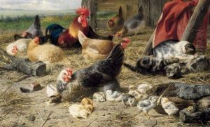 Poules Et Chatons by Eugene Remy Maes