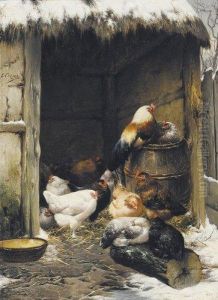 Le Poulailler En Hiver by Eugene Remy Maes