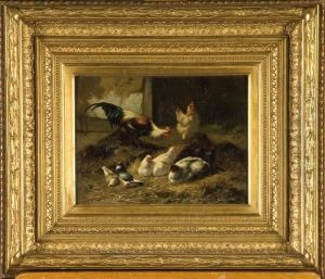 Coq, Poules Et Pigeons Dans La Paille by Eugene Remy Maes