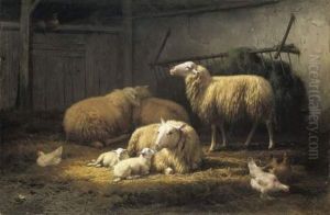 Moutons Et Poules Dans L'etable by Eugene Remy Maes