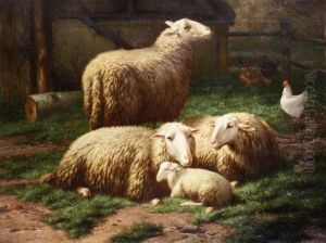 Sheep Lying In The Grass Near The Stabl by Eugene Remy Maes
