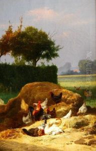 Chickens In A Hay Rick In Summer And Chickens In A Barn During Winter by Eugene Remy Maes