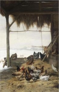 Chickens By A Hay Bail.; Chickens In A Barn In Winter by Eugene Remy Maes