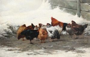 Chickens In A Snowy Yard; A Hen And Herchicks, A Pair
