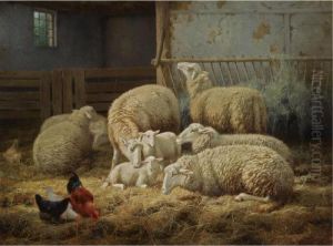 Sheep And Chickens In A Barn by Eugene Remy Maes