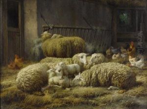 Sheep And Chickens In A Barn by Eugene Remy Maes