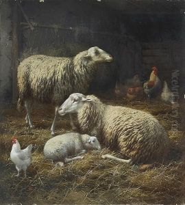 Sheep And Chickens In A Barn by Eugene Remy Maes