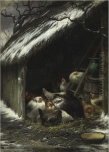 Chickens In A Barn by Eugene Remy Maes