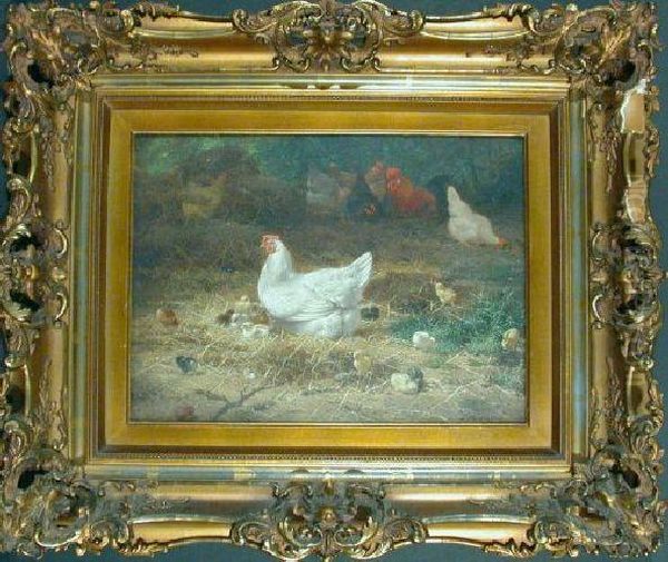 Hens And Chicks In The Farmyard by Eugene Remy Maes