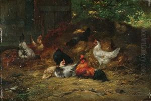Cockerels And Hens In A Farmyard by Eugene Remy Maes