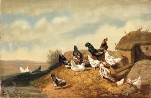 A Cockerel And Hens In A Farmyard by Eugene Remy Maes