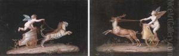 Pompeiian Frescoes Depicting Putti Driving Chariots Drawn By Tigersand Stags - view 1