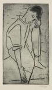 4 Bll.: Landschaftsmotive (3). Hockender Knabe by Emil Maetzel
