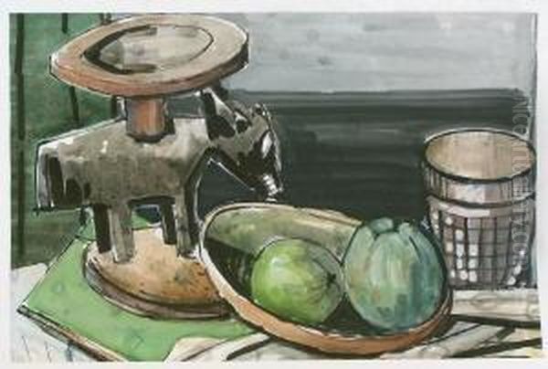 Stilleben Mit Afrikanischer
Skulptur Und Apfeln. Aquarell Und Schwarze Tusche Auf Karton. 29,8 X 45
Cm. 1932. Signiert Und Datiert. - view 1
