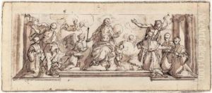 Christ Seated In Glory, Adored
By Kneeling Venetian Dignitaries, Saints Mark And John The Baptist, And
Angels by Alessandro Maganza