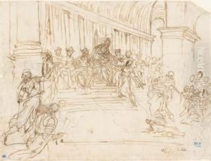 Un Pape Entoure De Cardinaux Recevant Un Moine by Alessandro Maganza
