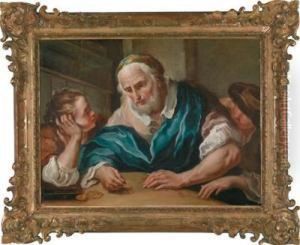 Uomo Barbuto Che Conta Monete Con Una Ragazza E Ragazzo by Francesco Maggiotto