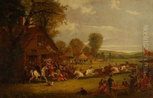 Steeple Chase Passing Through A Village Near The Horse And Jockeyinn