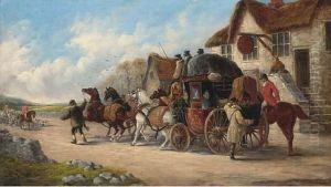A Mail Coach Outside The Old Fox Inn, A Hunt Beyond