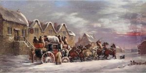The Oxford To London Coach Outside An Inn In Winter by John Charles Maggs