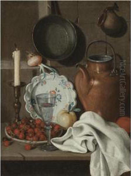 A Still Life With A Candle, 
Cherries In A Stoneware Bowl, A Wine Glass, A Porcelain Plate, An Apple,
 An Orange, A Copper Kettle And A White Table Cloth All On A Stone 
Ledge, Together With A Sprouting Onion, A Saucepan And A Jug - view 1