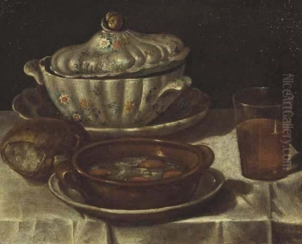Natura Morta Con Zuppiera, Scodella Colma Di Zuppa, Bicchiere Di Vino E Pagnotta - view 1