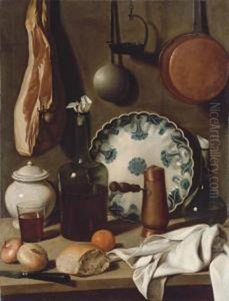 A Glass Bottle, A Blue And White
 Porcelain Platter, A Copper Coffeepot, A Flask, A Covered Jar, A 
Tumbler Of Wine, A Knife, Bread,onions And An Orange On A 
Partially-draped Table, With A Ham Andpans Suspended From The Wall - view 1
