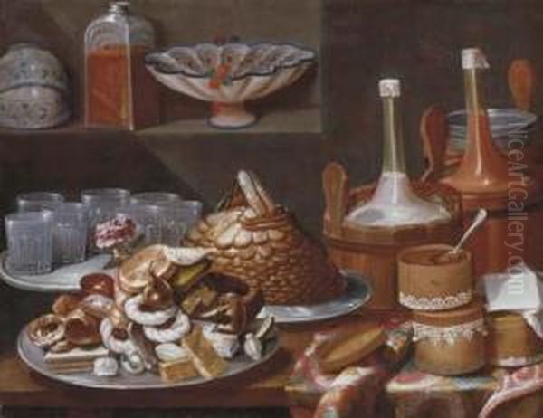 Cakes, Bread, Fruit, A Rose, 
Savoiardi Biscuits And Glasses Onpewter Plates With Bottles In Pails And
 Decorated Boxes On A Partlydraped Table, White And Blue Porcelain Cups 
And Bowls With A Glassjar On A Ledge - view 1